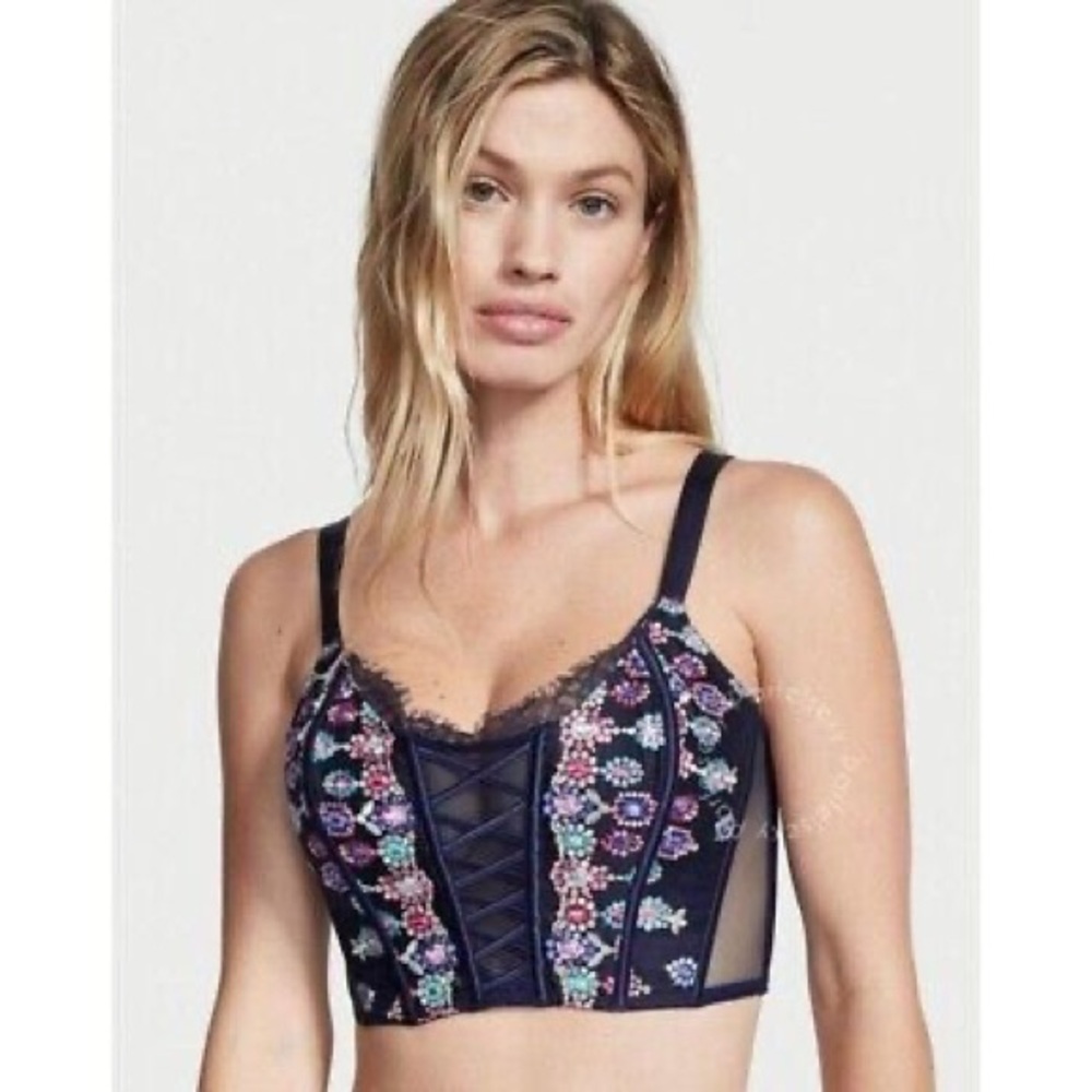 Victoria's Secret Dream Angels Floral Lace Up Corset Top Navy